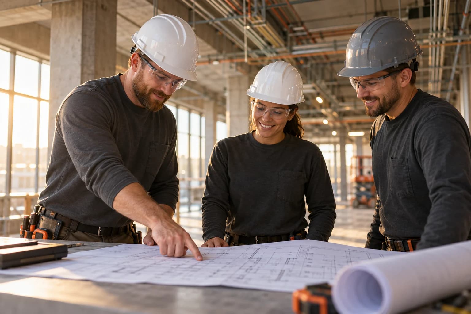 Illustration of electrical professionals reviewing plans together