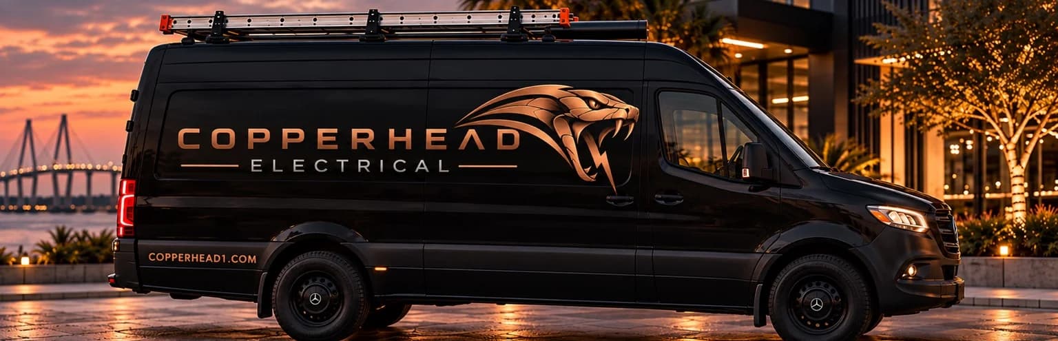 Design concept showing a black Copperhead Electrical service van with copper branding